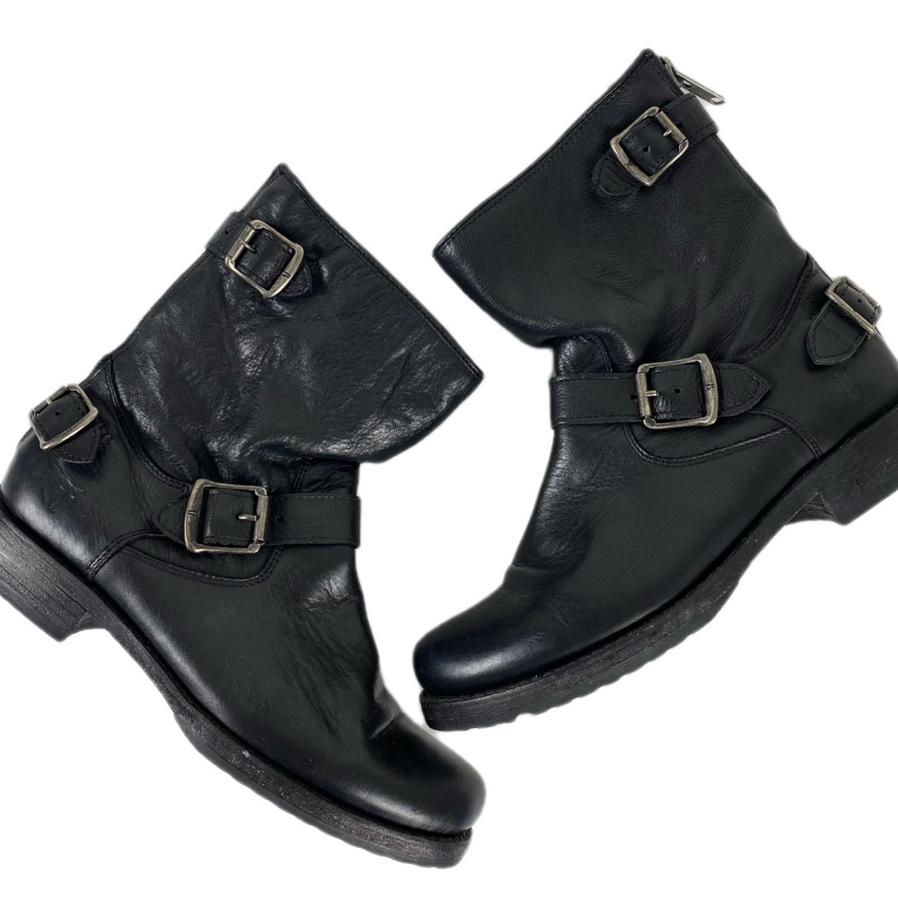 Frye Black Leather Harness Boots Buckle Moto Biker Ankle Boots